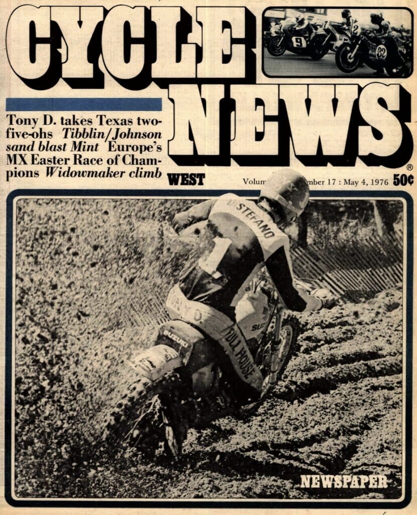 Tony Distefano on the cover of Cycle News in 1976 after taking over the 250MX points lead in Texas.